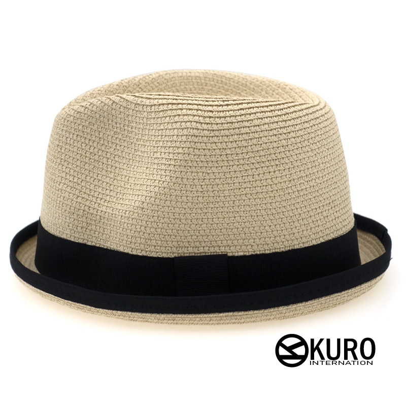 KURO-SHOP-米白色夏日黑滾邊短帽沿紳士草帽(可客製化電繡)