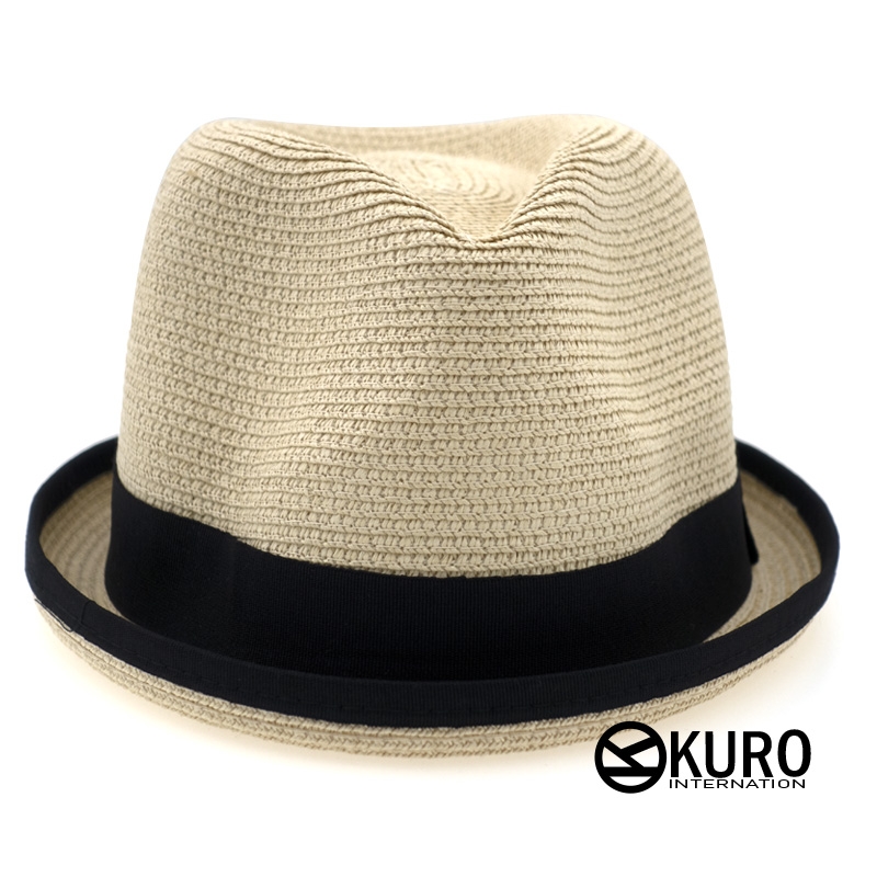 KURO-SHOP-米白色夏日黑滾邊短帽沿紳士草帽(可客製化電繡)