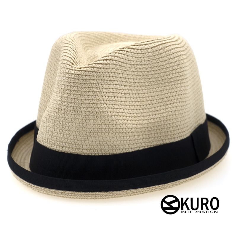 KURO-SHOP-米白色夏日黑滾邊短帽沿紳士草帽(可客製化電繡)
