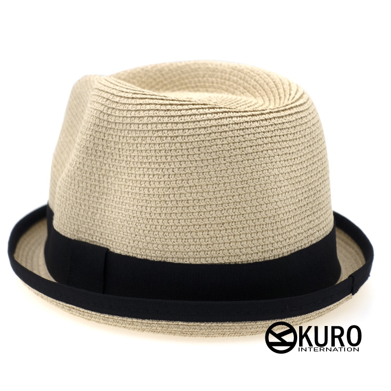 KURO-SHOP-米白色夏日黑滾邊短帽沿紳士草帽(可客製化電繡)