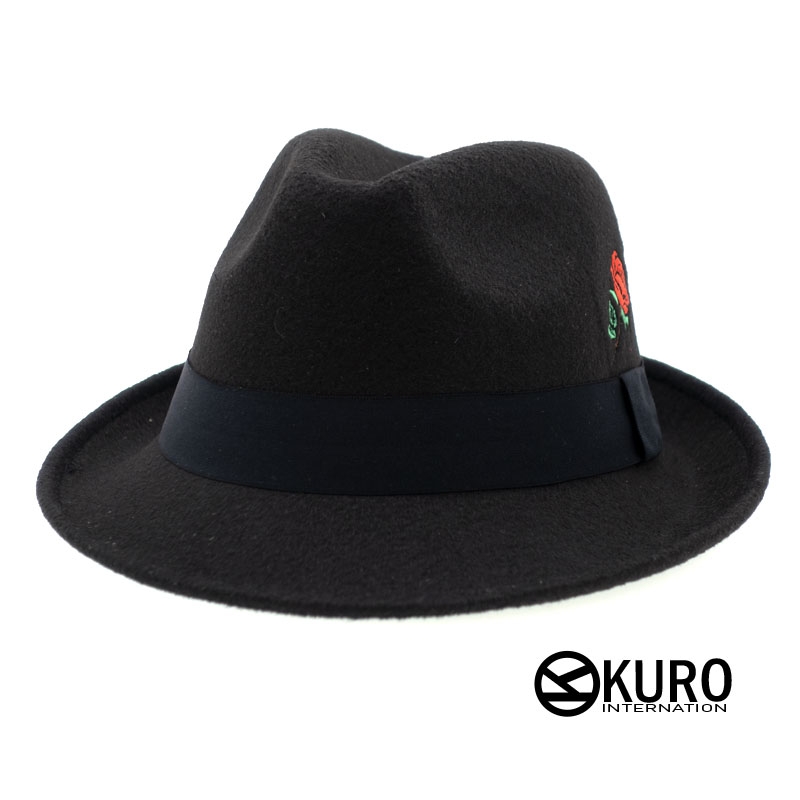 KURO-SHOP 黑色系 玫瑰電繡 毛料紳士帽 