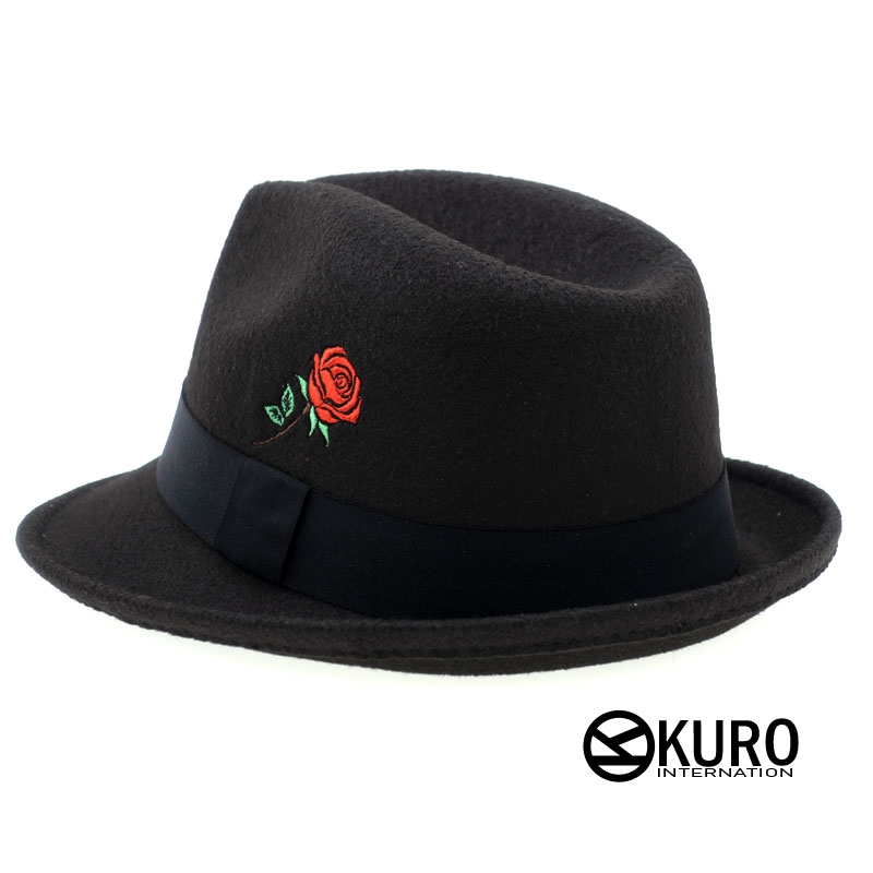 KURO-SHOP 黑色系 玫瑰電繡 毛料紳士帽 