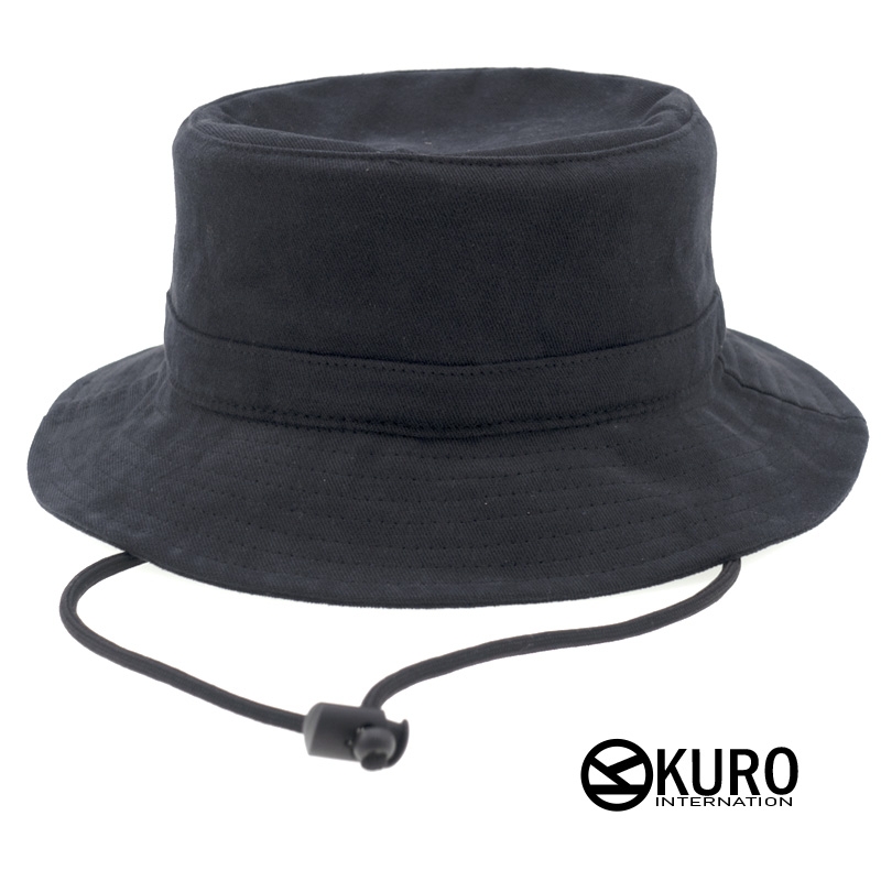 KURO-SHOP 黑色水洗棉質漁夫帽 大童款(可客製化電繡)