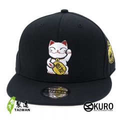 KURO-SHOP 黑色 招財貓-平板帽-棒球帽(可客製化)